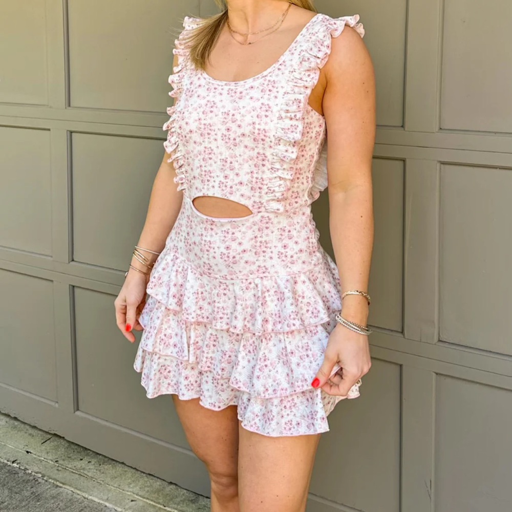 Floral Ruffle Cutout Dress - Pink
